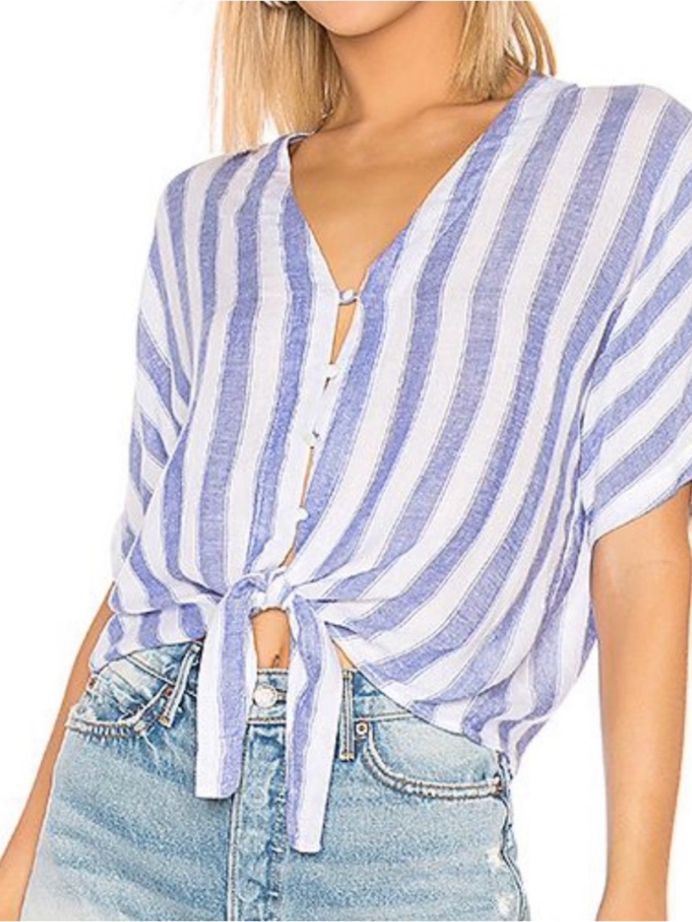 Rails Thea Pacifica Stripe Linen Blend Short Sleeve Tie Front Button Blouse XL